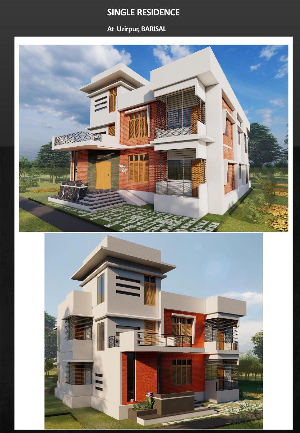 Architectural exterior renderings of a residence in Uzirpur