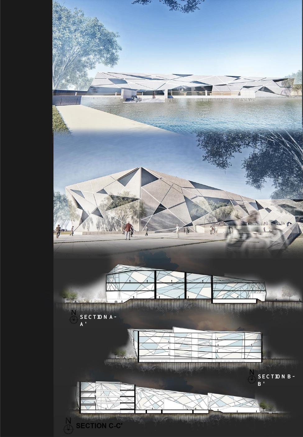 Museum redesign presentation board with architectural views and diagrams